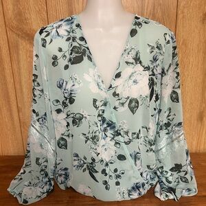 New York & Company Floral Wrap Top - Mint Green
